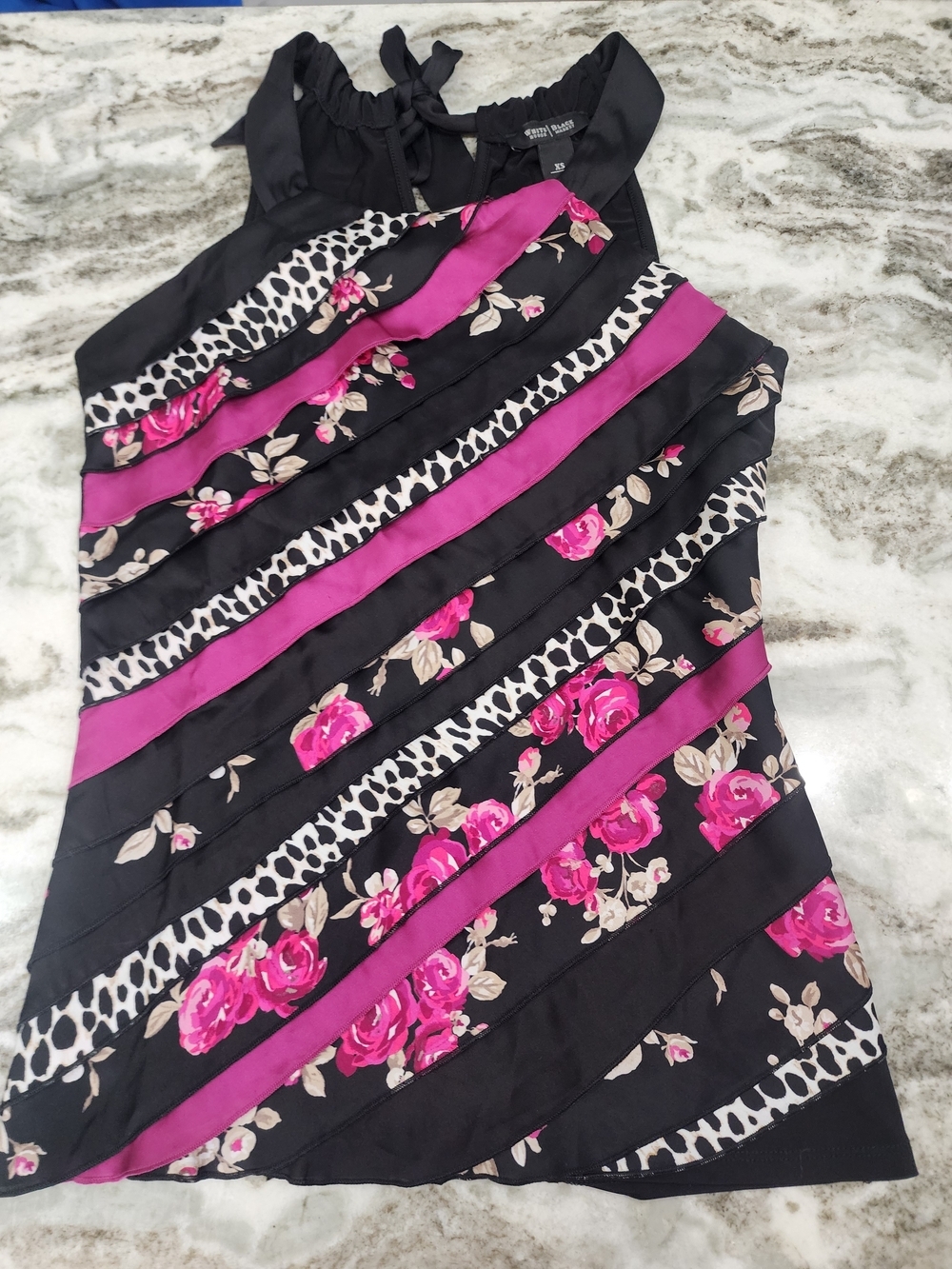 White House Black Market Black and Hot Pink Floral Stripe Halter Top